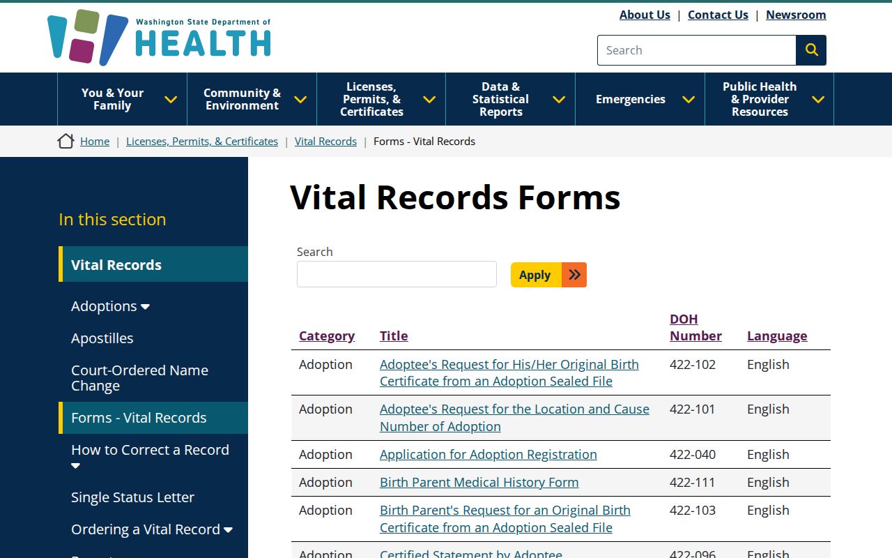 Pasco public records access through Washington vital record application forms